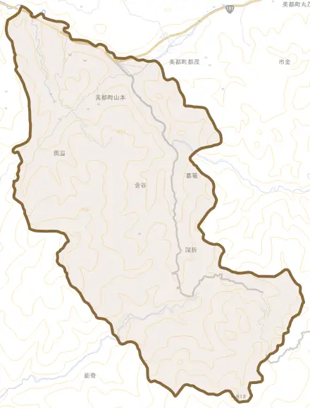 美都町山本とその周辺の地図。町の範囲を重ねている