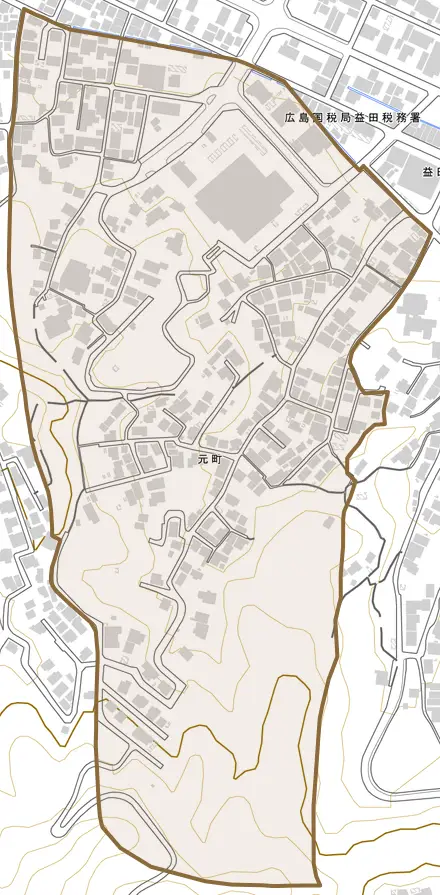 元町とその周辺の地図。町の範囲を重ねている