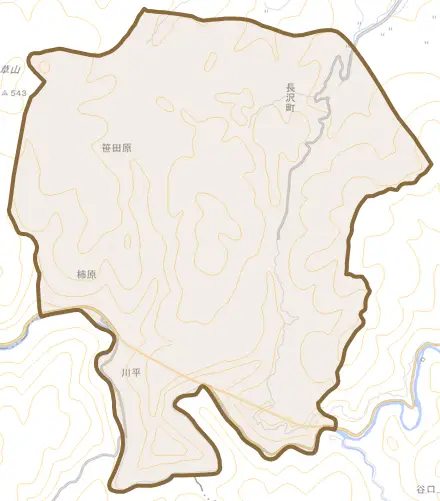長沢町とその周辺の地図。町の範囲を重ねている