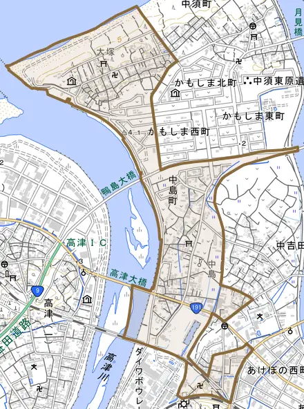 中島町とその周辺の地図。町の範囲を重ねている