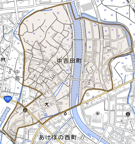 中吉田町とその周辺の地図。町の範囲を重ねている