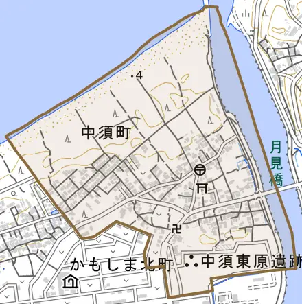 中須町とその周辺の地図。町の範囲を重ねている