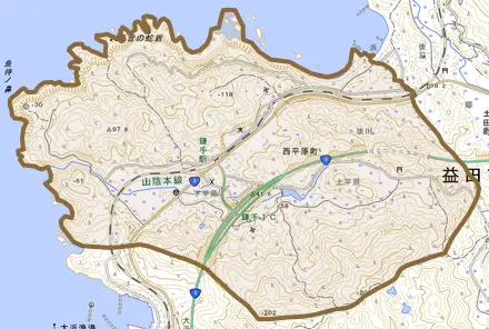 西平原町とその周辺の地図。町の範囲を重ねている
