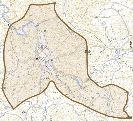 大草町とその周辺の地図。町の範囲を重ねている