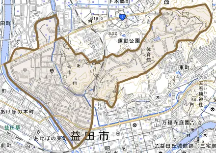 乙吉町とその周辺の地図。町の範囲を重ねている