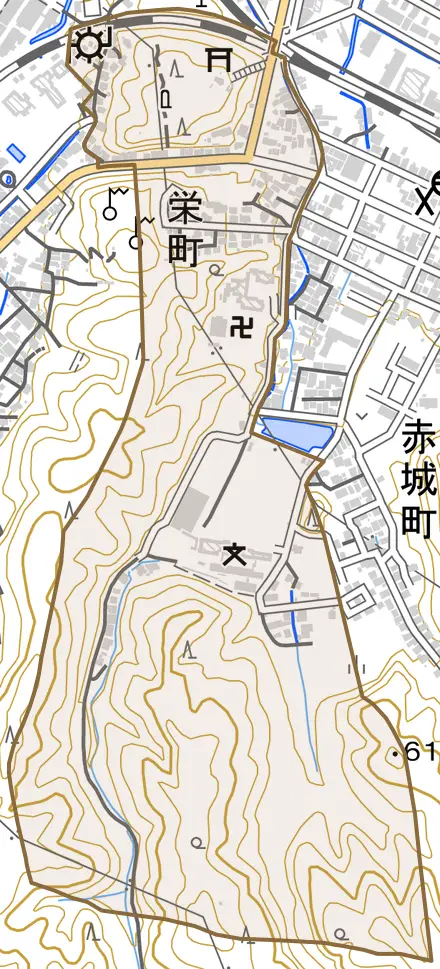 栄町とその周辺の地図。町の範囲を重ねている