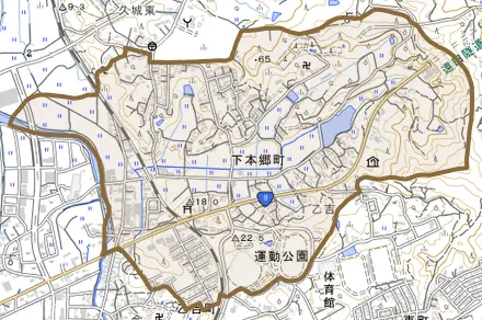 下本郷町とその周辺の地図。町の範囲を重ねている