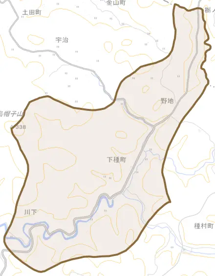下種町とその周辺の地図。町の範囲を重ねている