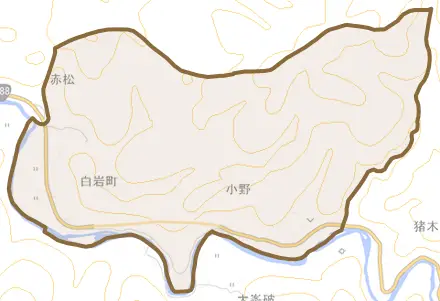 白岩町とその周辺の地図。町の範囲を重ねている