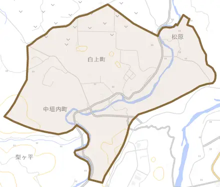 白上町とその周辺の地図。町の範囲を重ねている