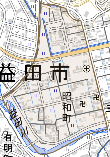 昭和町とその周辺の地図。町の範囲を重ねている