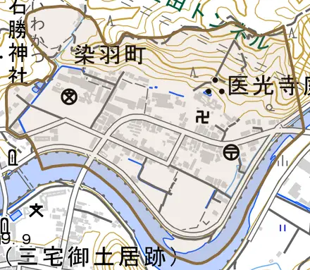 染羽町とその周辺の地図。町の範囲を重ねている