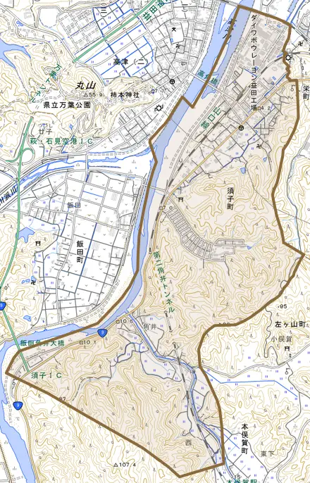 須子町とその周辺の地図。町の範囲を重ねている
