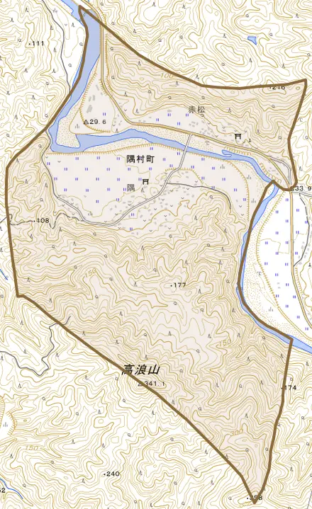 隅村町とその周辺の地図。町の範囲を重ねている