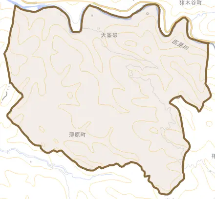 薄原町とその周辺の地図。町の範囲を重ねている