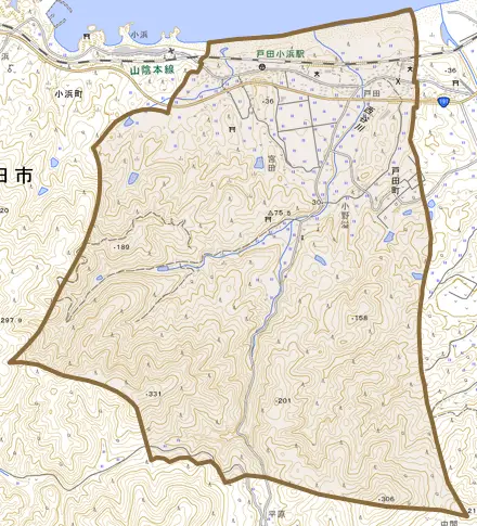 戸田町とその周辺の地図。町の範囲を重ねている