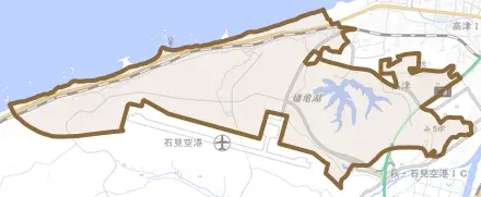 高津町とその周辺の地図。町の範囲を重ねている