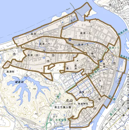 高津とその周辺の地図。町の範囲を重ねている