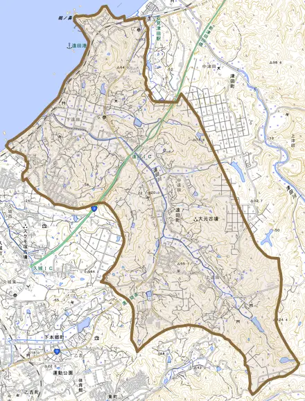 遠田町とその周辺の地図。町の範囲を重ねている