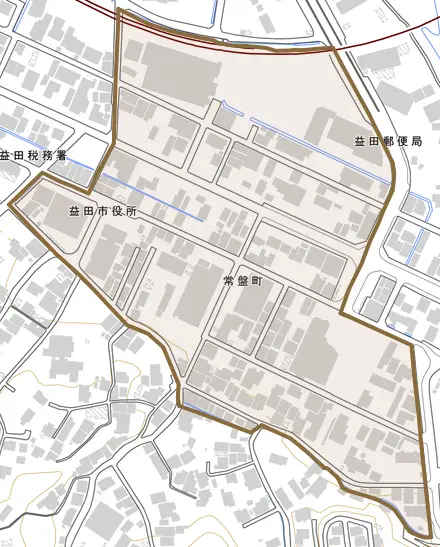 常盤町とその周辺の地図。町の範囲を重ねている