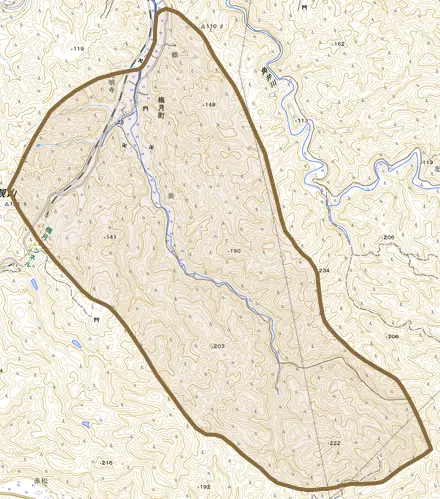 梅月町とその周辺の地図。町の範囲を重ねている