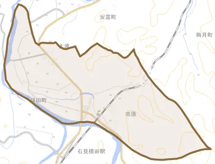 横田町とその周辺の地図。町の範囲を重ねている