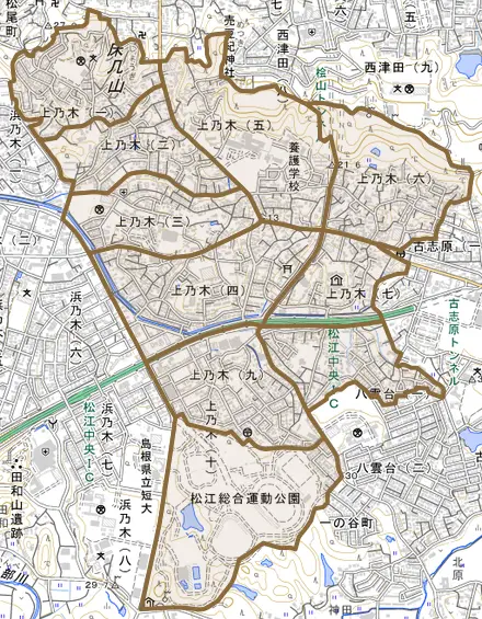 上乃木とその周辺の地図。町の範囲を重ねている