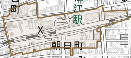 朝日町とその周辺の地図。町の範囲を重ねている
