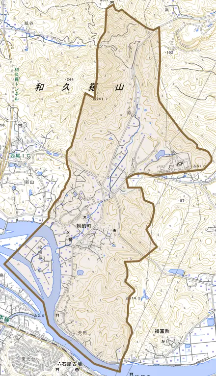 朝酌町とその周辺の地図。町の範囲を重ねている