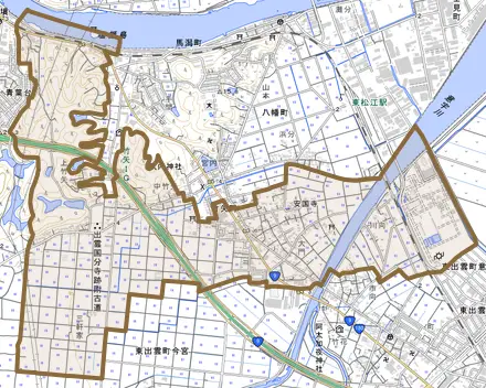 竹矢町とその周辺の地図。町の範囲を重ねている