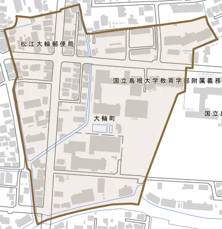 大輪町とその周辺の地図。町の範囲を重ねている