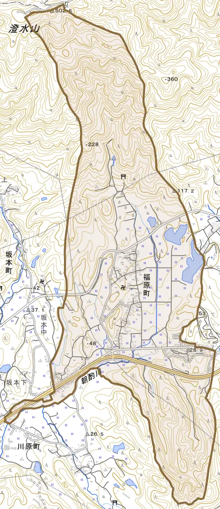 福原町とその周辺の地図。町の範囲を重ねている