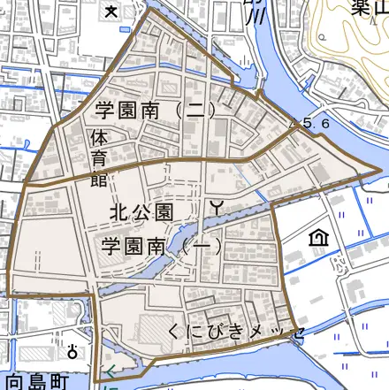 学園南とその周辺の地図。町の範囲を重ねている