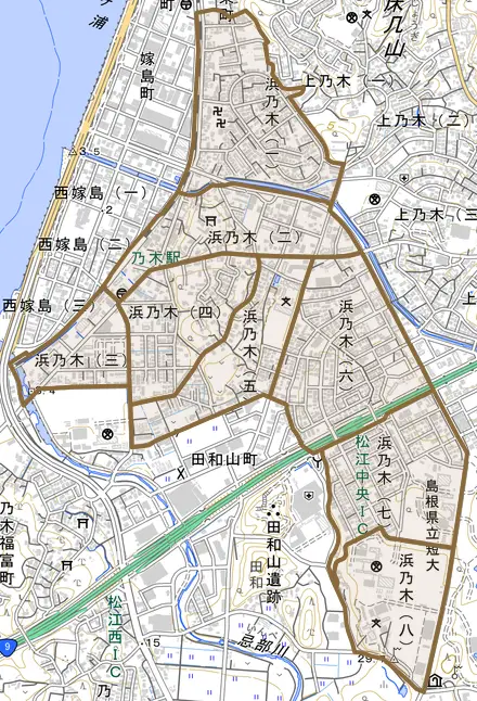 浜乃木とその周辺の地図。町の範囲を重ねている