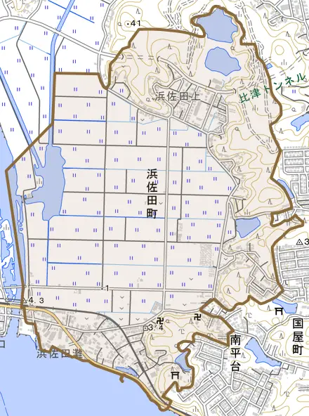 浜佐田町とその周辺の地図。町の範囲を重ねている