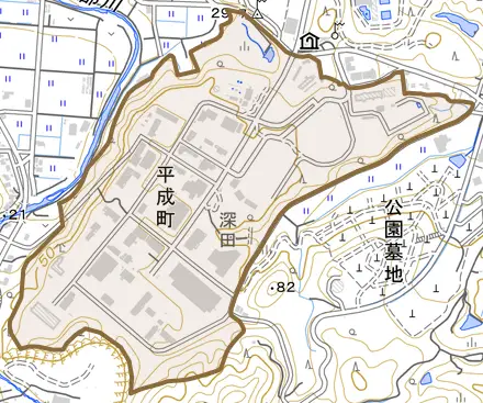 平成町とその周辺の地図。町の範囲を重ねている
