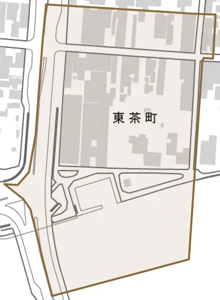 東茶町とその周辺の地図。町の範囲を重ねている