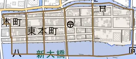 東本町とその周辺の地図。町の範囲を重ねている