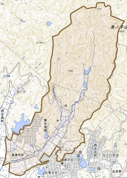 東生馬町とその周辺の地図。町の範囲を重ねている