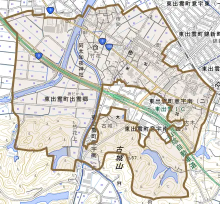 東出雲町出雲郷とその周辺の地図。町の範囲を重ねている