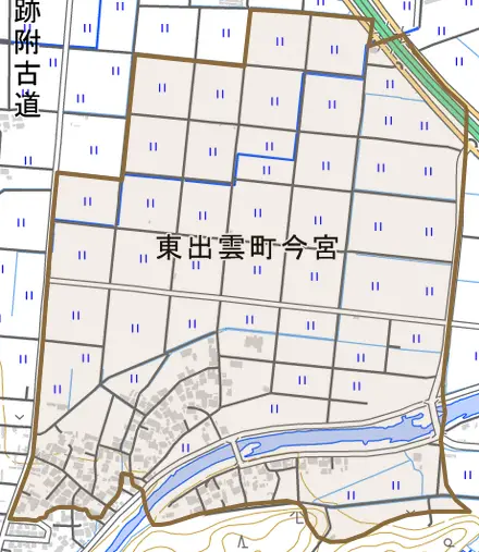 東出雲町今宮とその周辺の地図。町の範囲を重ねている