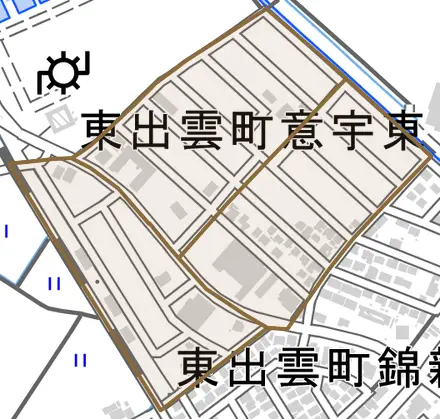東出雲町意宇東とその周辺の地図。町の範囲を重ねている