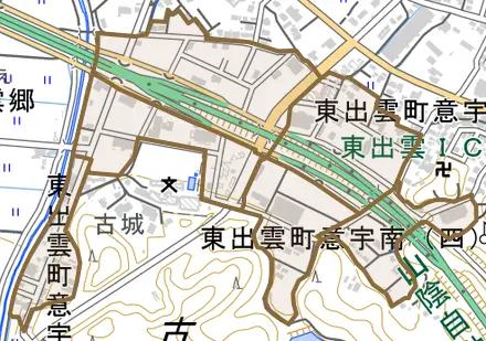 東出雲町意宇南とその周辺の地図。町の範囲を重ねている