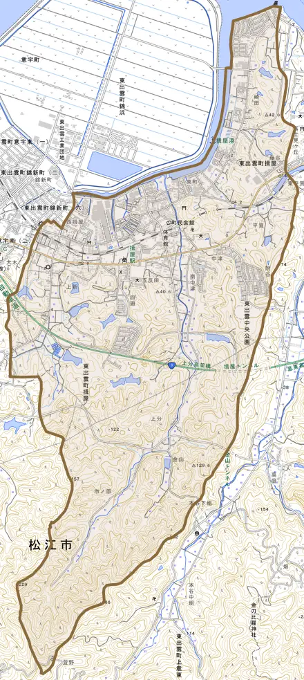 東出雲町揖屋とその周辺の地図。町の範囲を重ねている