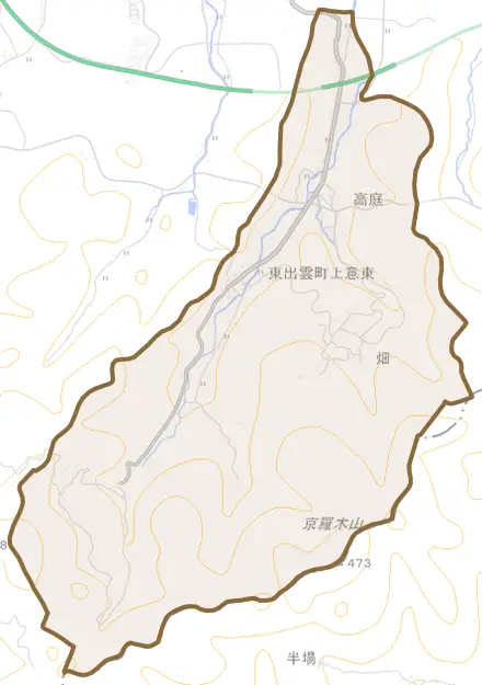 東出雲町上意東とその周辺の地図。町の範囲を重ねている