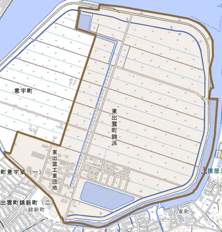 東出雲町錦浜とその周辺の地図。町の範囲を重ねている