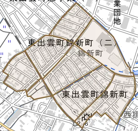 東出雲町錦新町とその周辺の地図。町の範囲を重ねている
