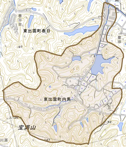 東出雲町内馬とその周辺の地図。町の範囲を重ねている