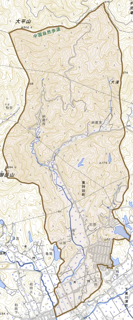 東持田町とその周辺の地図。町の範囲を重ねている
