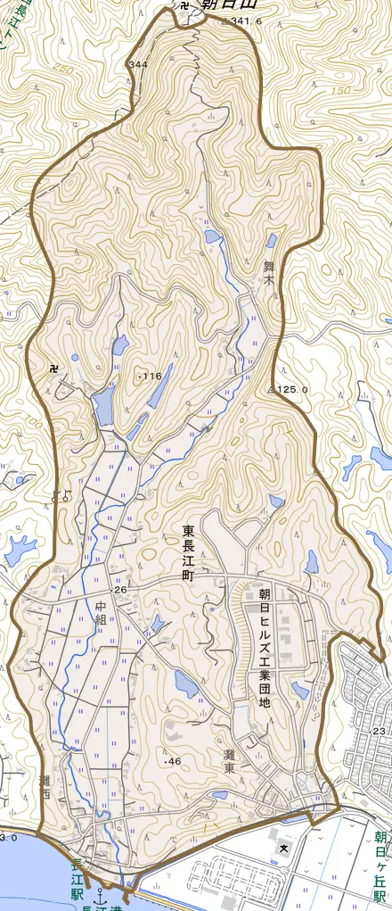 東長江町とその周辺の地図。町の範囲を重ねている